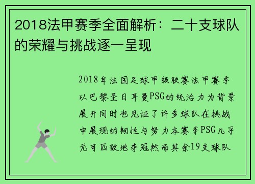 2018法甲赛季全面解析：二十支球队的荣耀与挑战逐一呈现