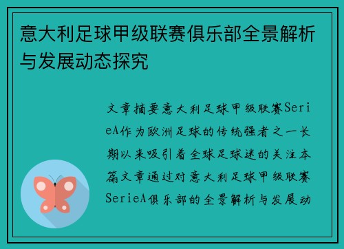 意大利足球甲级联赛俱乐部全景解析与发展动态探究