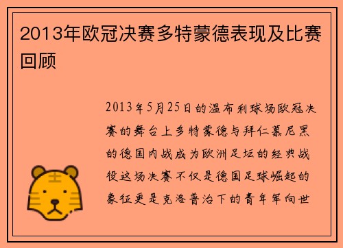 2013年欧冠决赛多特蒙德表现及比赛回顾