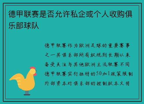 德甲联赛是否允许私企或个人收购俱乐部球队